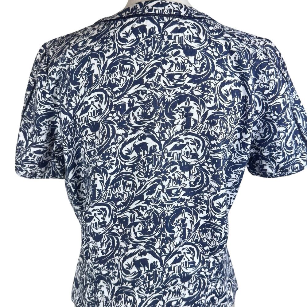 Brora 100% Linen Indigo Blue Vintage Pattern Short Sleeve Button Up V-Neck Top - Picture 5 of 12